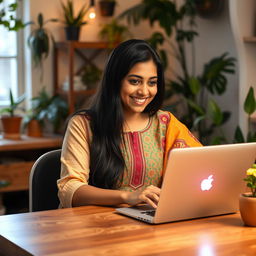 A young Indian woman sitting at a stylish wooden desk, working intently on her laptop