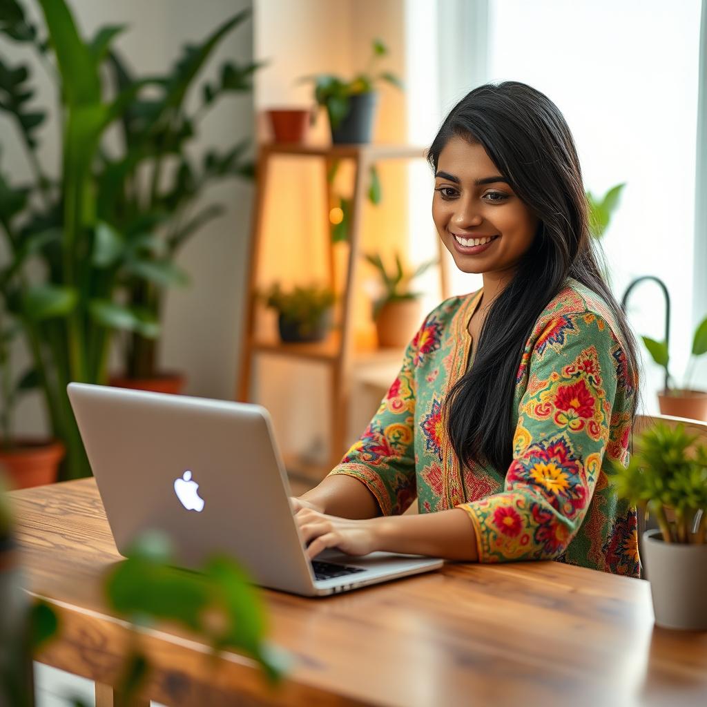 A young Indian woman sitting at a stylish wooden desk, working intently on her laptop