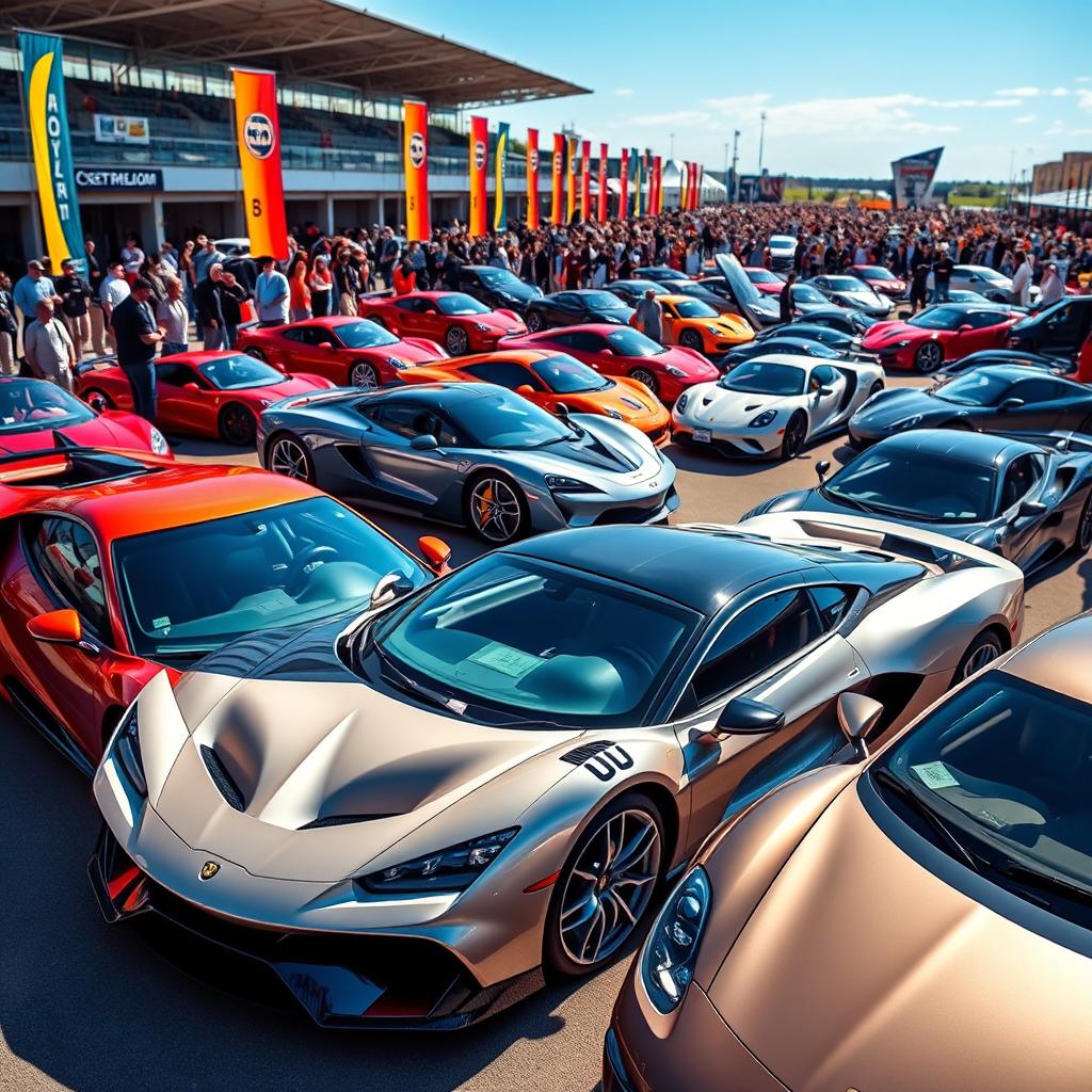 A stunning collection of supercars and hypercars displayed in a vibrant car show setting