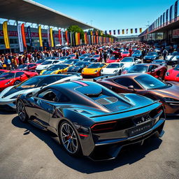 A stunning collection of supercars and hypercars displayed in a vibrant car show setting