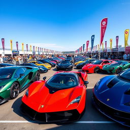 A stunning collection of supercars and hypercars displayed in a vibrant car show setting