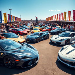 A stunning collection of supercars and hypercars displayed in a vibrant car show setting