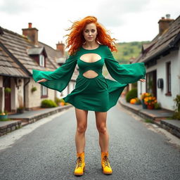 An Irish female with vibrant red curly hair and striking blue eyes, wearing a playful green cut-out dress that is caught by the wind, creating a dynamic and lively effect