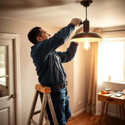 An electrician working diligently in a cozy, well-lit room, installing a stylish modern lamp