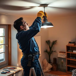 An electrician working diligently in a cozy, well-lit room, installing a stylish modern lamp