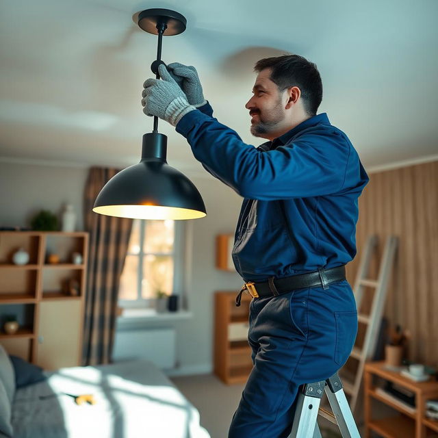 An electrician working diligently in a cozy, well-lit room, installing a stylish modern lamp