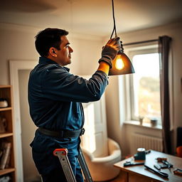 An electrician working diligently in a cozy, well-lit room, installing a stylish modern lamp