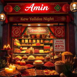 A vibrant and festive scene showcasing a specialty confectionery store named 'Amin' celebrating Yalda Night