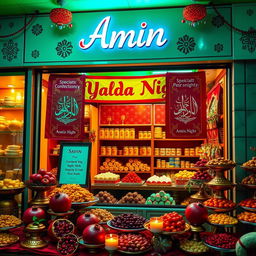 A vibrant and festive scene showcasing a specialty confectionery store named 'Amin' celebrating Yalda Night