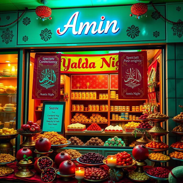 A vibrant and festive scene showcasing a specialty confectionery store named 'Amin' celebrating Yalda Night