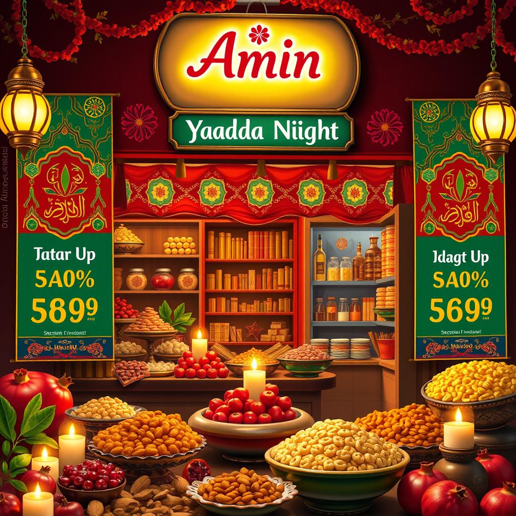 A vibrant and festive scene showcasing a specialty confectionery store named 'Amin' celebrating Yalda Night