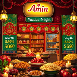 A vibrant and festive scene showcasing a specialty confectionery store named 'Amin' celebrating Yalda Night