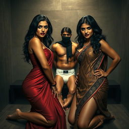 A dramatic interrogation room scene featuring two incredibly sexy desi women, both with hourglass figures and voluptuous curves, prominently displayed in elegant dresses and intricately draped sarees