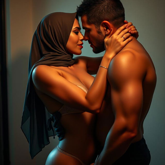 A provocative image featuring a woman wearing a hijab in a sultry, bold manner with skin-revealing attire resembling a bikini