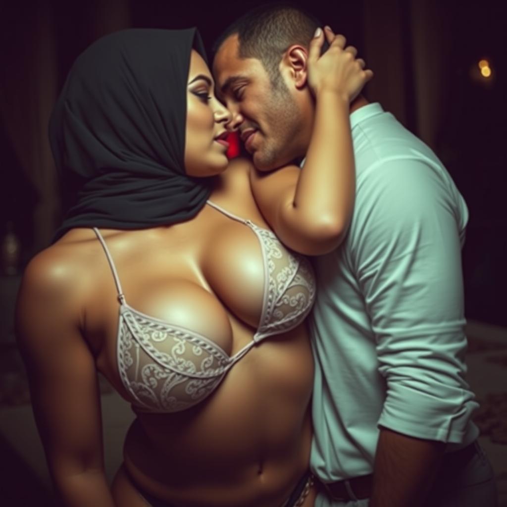 A provocative image featuring a woman wearing a hijab in a sultry, bold manner with skin-revealing attire resembling a bikini