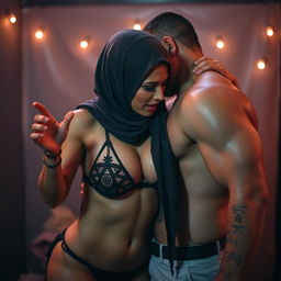 A provocative image featuring a woman wearing a hijab in a sultry, bold manner with skin-revealing attire resembling a bikini