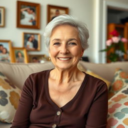 A beautiful older woman with a kind and warm expression, wearing a casual yet elegant outfit, seated comfortably in a cozy living room adorned with family photos and soft lighting