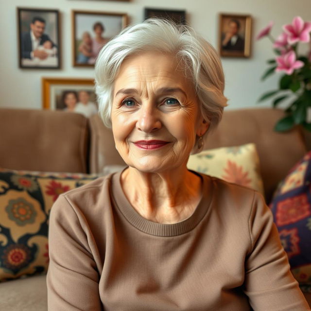 A beautiful older woman with a kind and warm expression, wearing a casual yet elegant outfit, seated comfortably in a cozy living room adorned with family photos and soft lighting