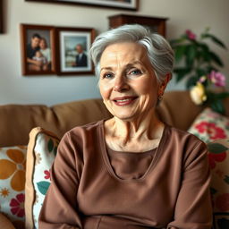 A beautiful older woman with a kind and warm expression, wearing a casual yet elegant outfit, seated comfortably in a cozy living room adorned with family photos and soft lighting