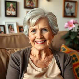 A beautiful older woman with a kind and warm expression, wearing a casual yet elegant outfit, seated comfortably in a cozy living room adorned with family photos and soft lighting