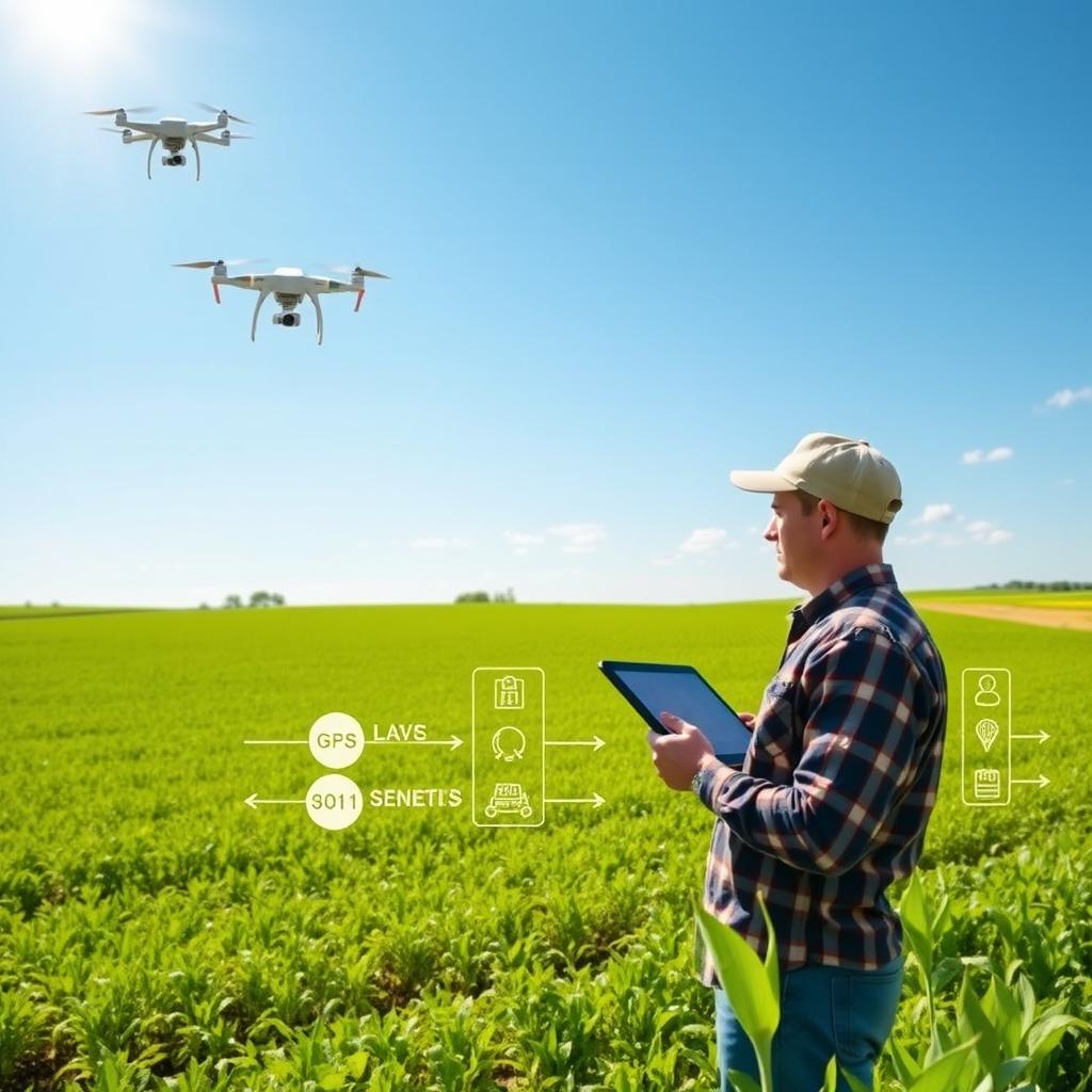 A modern farm scene depicting a lush green landscape under a bright blue sky on a sunny day