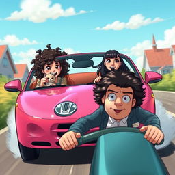 A vibrant scene depicting two girls in a pink Jaguar car speeding forward