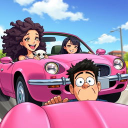 A vibrant scene depicting two girls in a pink Jaguar car speeding forward