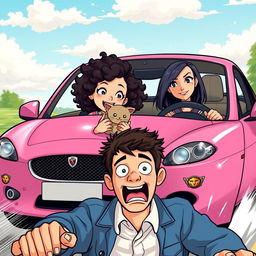 A vibrant scene depicting two girls in a pink Jaguar car speeding forward