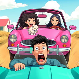 A vibrant scene depicting two girls in a pink Jaguar car speeding forward