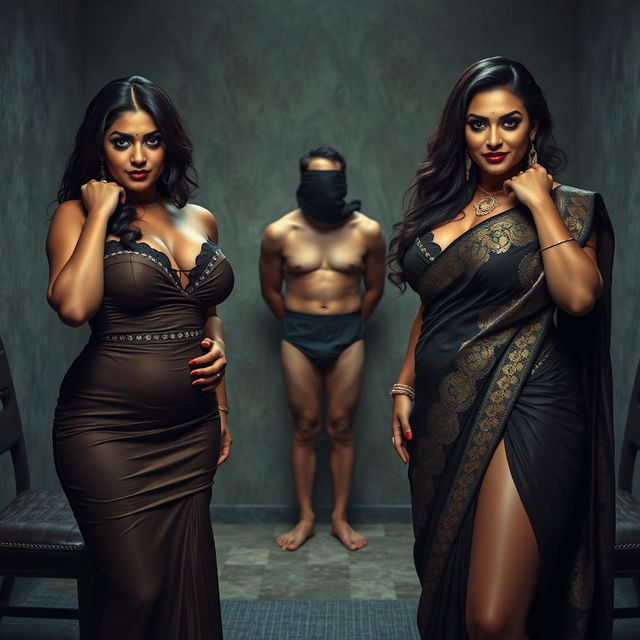 An intense interrogation room scene featuring two captivating desi women, both voluptuous and stunningly beautiful, with heavy makeup and bold dark lipstick