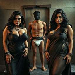 An intense interrogation room scene featuring two captivating desi women, both voluptuous and stunningly beautiful, with heavy makeup and bold dark lipstick