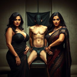 An intense interrogation room scene featuring two captivating desi women, both voluptuous and stunningly beautiful, with heavy makeup and bold dark lipstick
