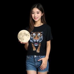 A beautiful Korean woman wearing a black t-shirt featuring a tiger graphic, paired with short denim jeans