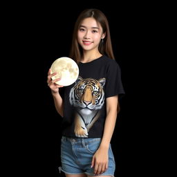 A beautiful Korean woman wearing a black t-shirt featuring a tiger graphic, paired with short denim jeans