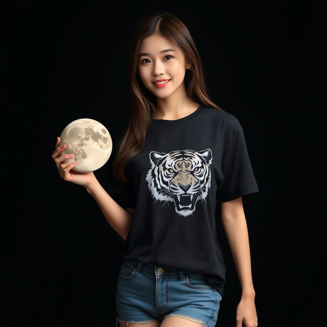 A beautiful Korean woman wearing a black t-shirt featuring a tiger graphic, paired with short denim jeans