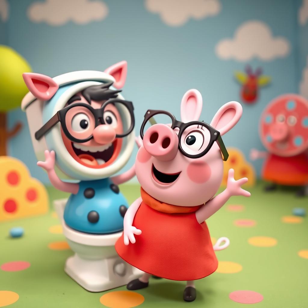 A humorous scene featuring a cartoon-style character inspired by 'Skibidi Toilet', engaging playfully with a pig character similar to Peppa Pig