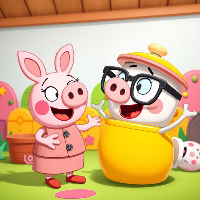 A humorous scene featuring a cartoon-style character inspired by 'Skibidi Toilet', engaging playfully with a pig character similar to Peppa Pig