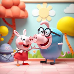 A humorous scene featuring a cartoon-style character inspired by 'Skibidi Toilet', engaging playfully with a pig character similar to Peppa Pig