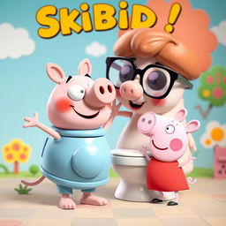 A humorous scene featuring a cartoon-style character inspired by 'Skibidi Toilet', engaging playfully with a pig character similar to Peppa Pig