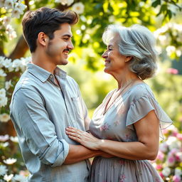 A tender scene of a young man and his older wife sharing a loving moment in a picturesque outdoor setting
