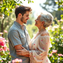A tender scene of a young man and his older wife sharing a loving moment in a picturesque outdoor setting