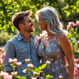 A tender scene of a young man and his older wife sharing a loving moment in a picturesque outdoor setting