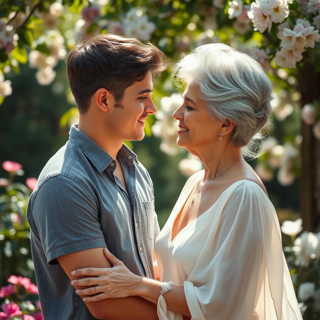 A tender scene of a young man and his older wife sharing a loving moment in a picturesque outdoor setting