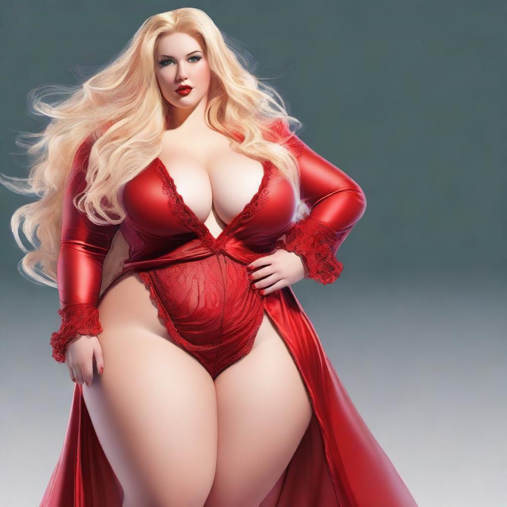 This high-resolution digital art captures a voluptuous, plus-size blonde woman with long golden hair