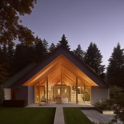 A residential building featuring a classic A-framed sloping roof, bathed in soft, warm daylight.