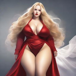 This high-resolution digital art captures a voluptuous, plus-size blonde woman with long golden hair