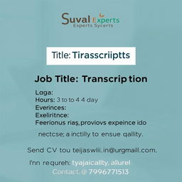 A professional LinkedIn job post image featuring the company logo of Suval Experts and a clean, modern design layout that highlights the job vacancy details clearly