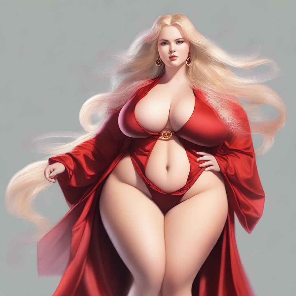 This high-resolution digital art captures a voluptuous, plus-size blonde woman with long golden hair