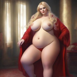 This high-resolution digital art captures a voluptuous, plus-size blonde woman with long golden hair