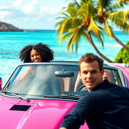 A dynamic scene featuring a girl with curly black hair confidently driving a pink Jaguar convertible, with her friend, who has straight long black hair, sitting beside her with an amused expression